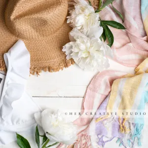 Sun Hat, Peonies & Throw. Digital Image