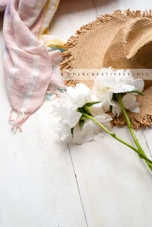 Sun Hat, Wrap & Peony. Digital Image