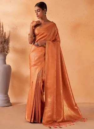 Tangerine Brocade Detailed Kanjivaram Silk Saree