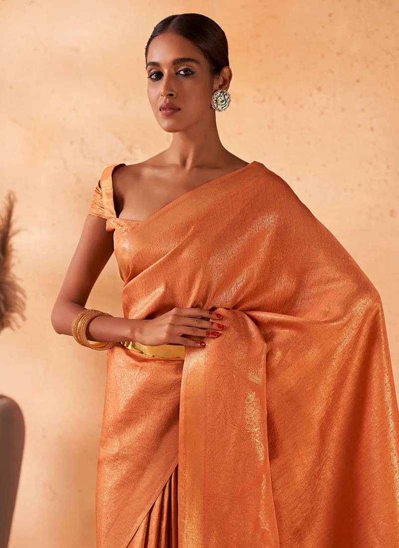 Tangerine Brocade Detailed Kanjivaram Silk Saree