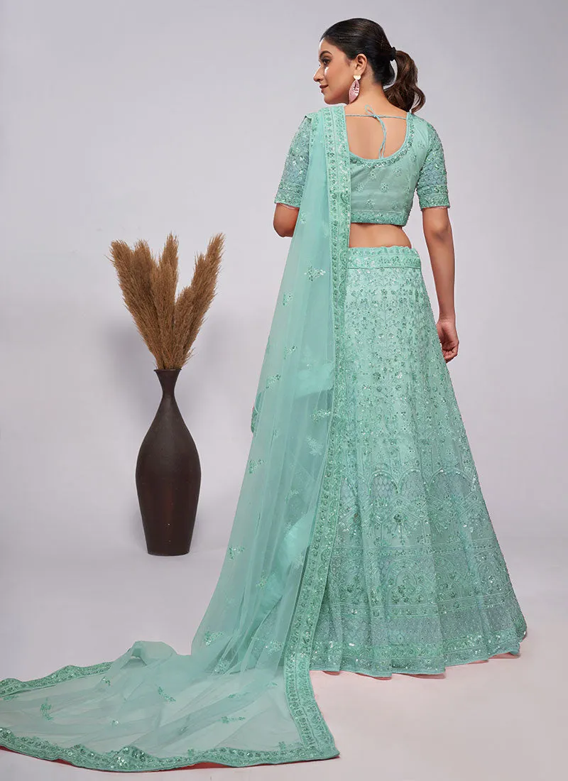 Teal Blue Sequence Embroidery Wedding Lehenga Choli