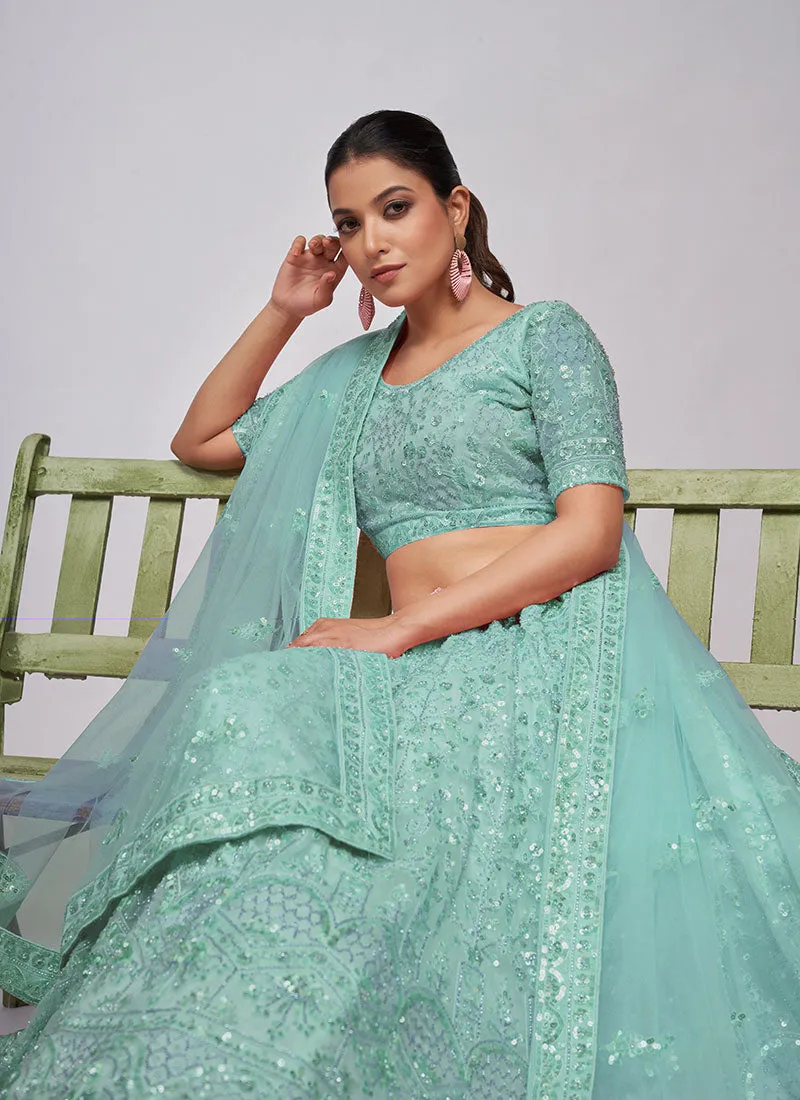 Teal Blue Sequence Embroidery Wedding Lehenga Choli