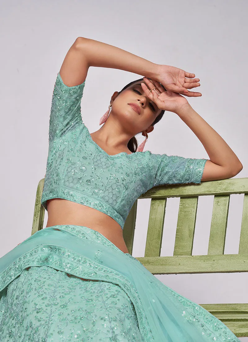 Teal Blue Sequence Embroidery Wedding Lehenga Choli
