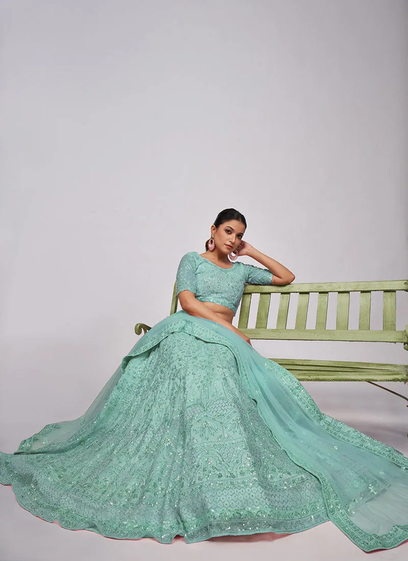 Teal Blue Sequence Embroidery Wedding Lehenga Choli