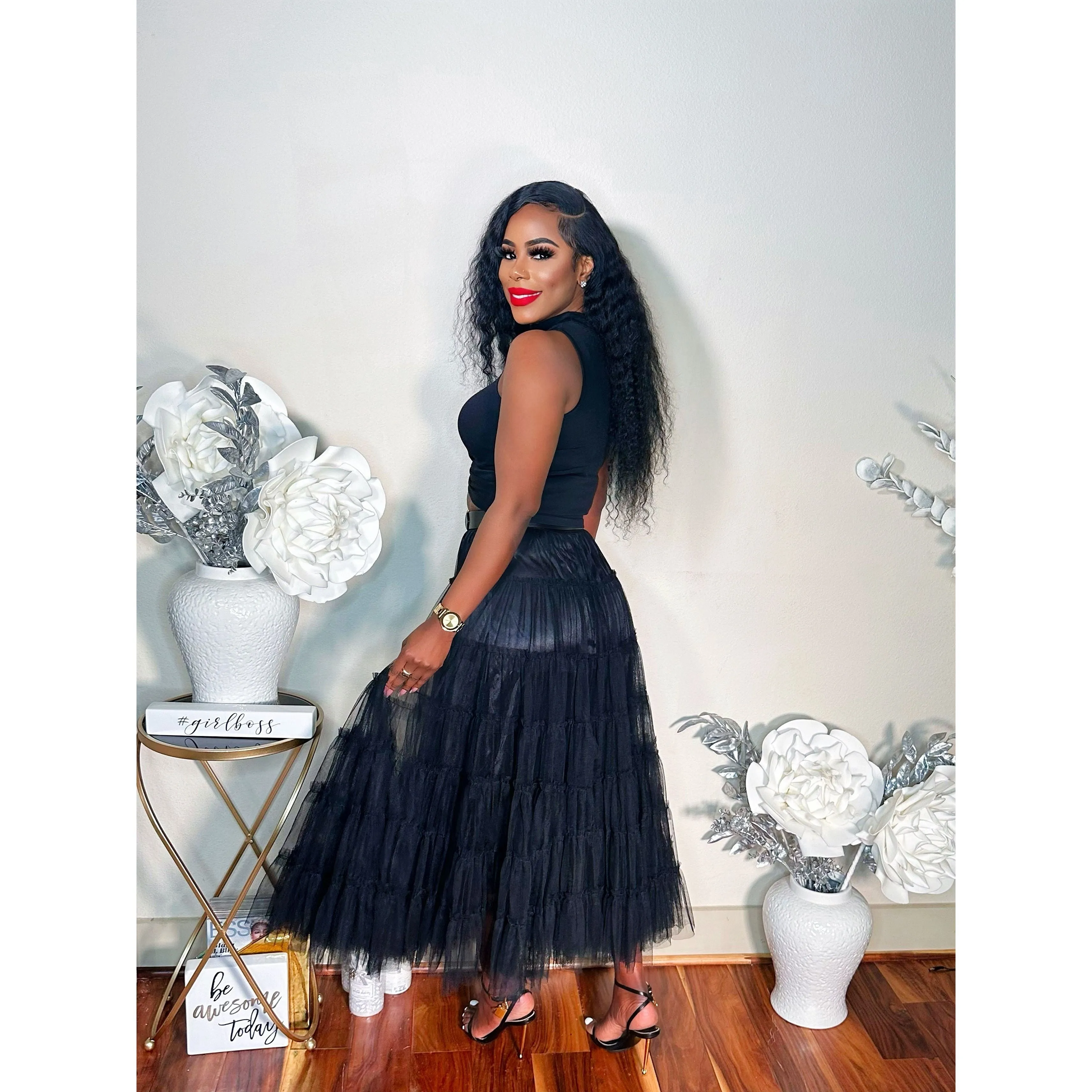 THINK TULLE MIDI SKIRT (BLACK)