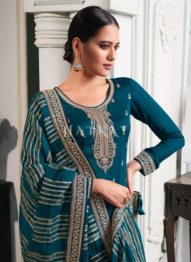 Turquoise Embroidered Palazzo Style Suit