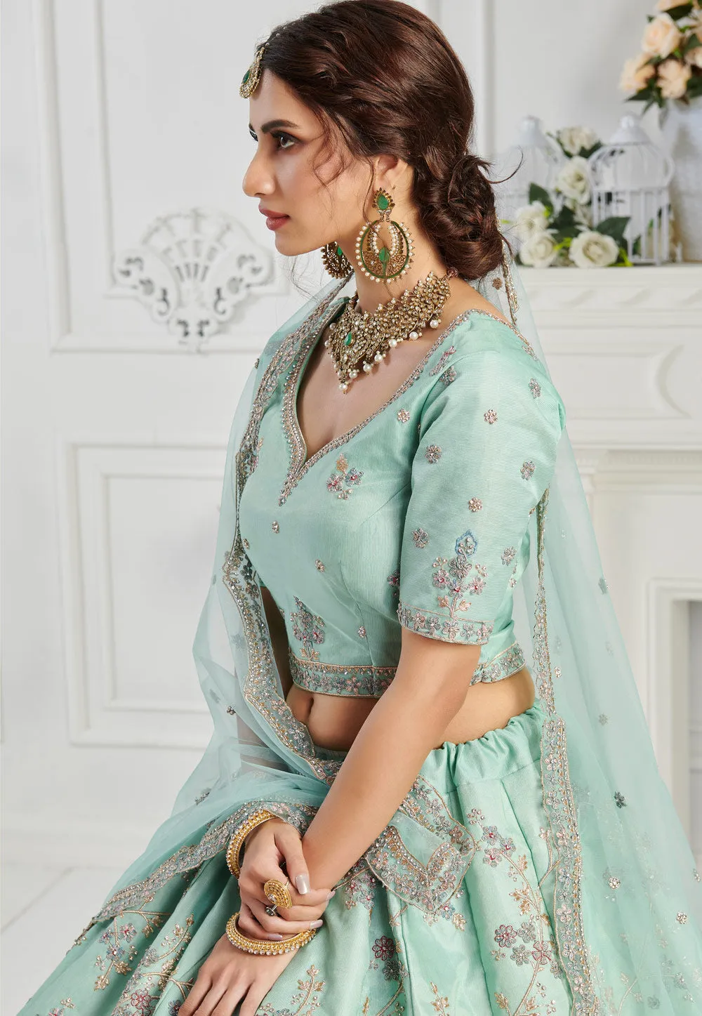Turquoise Floral Embroidered Designer Lehenga Choli