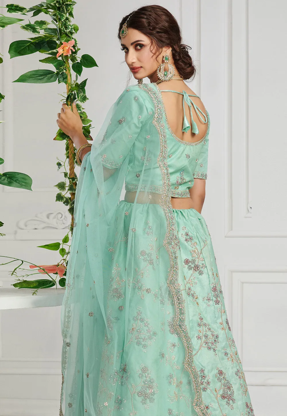 Turquoise Floral Embroidered Designer Lehenga Choli
