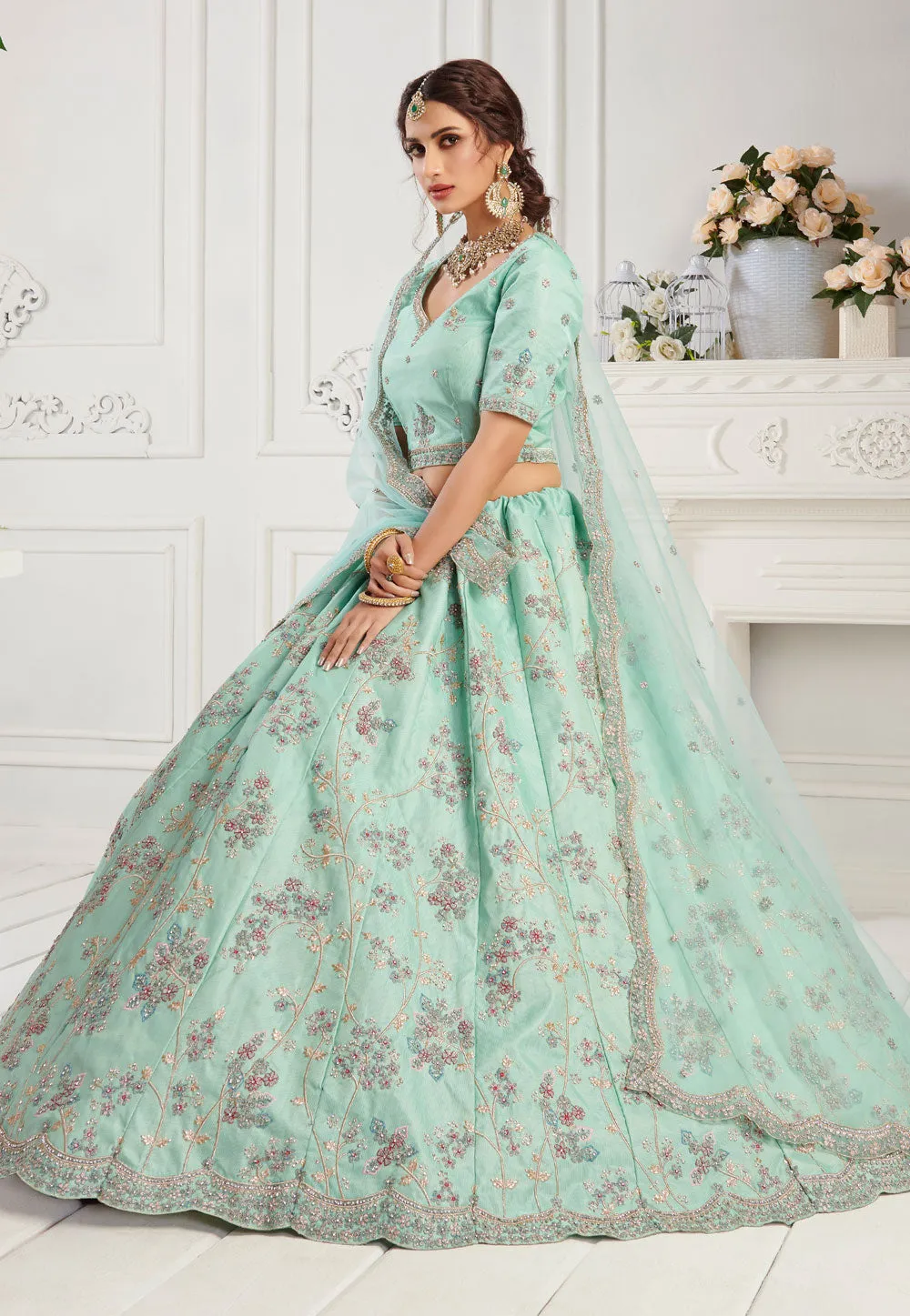Turquoise Floral Embroidered Designer Lehenga Choli