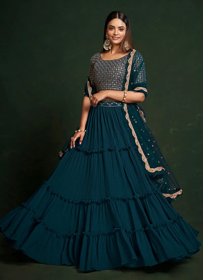 Turquoise Sequence Embroidered Festive Lehenga Choli