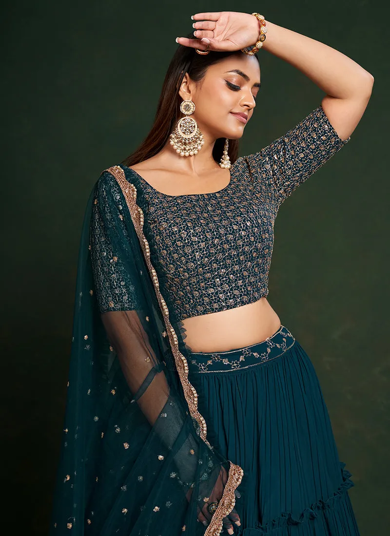 Turquoise Sequence Embroidered Festive Lehenga Choli