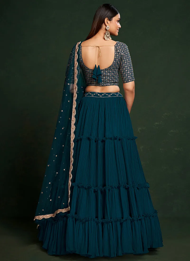 Turquoise Sequence Embroidered Festive Lehenga Choli