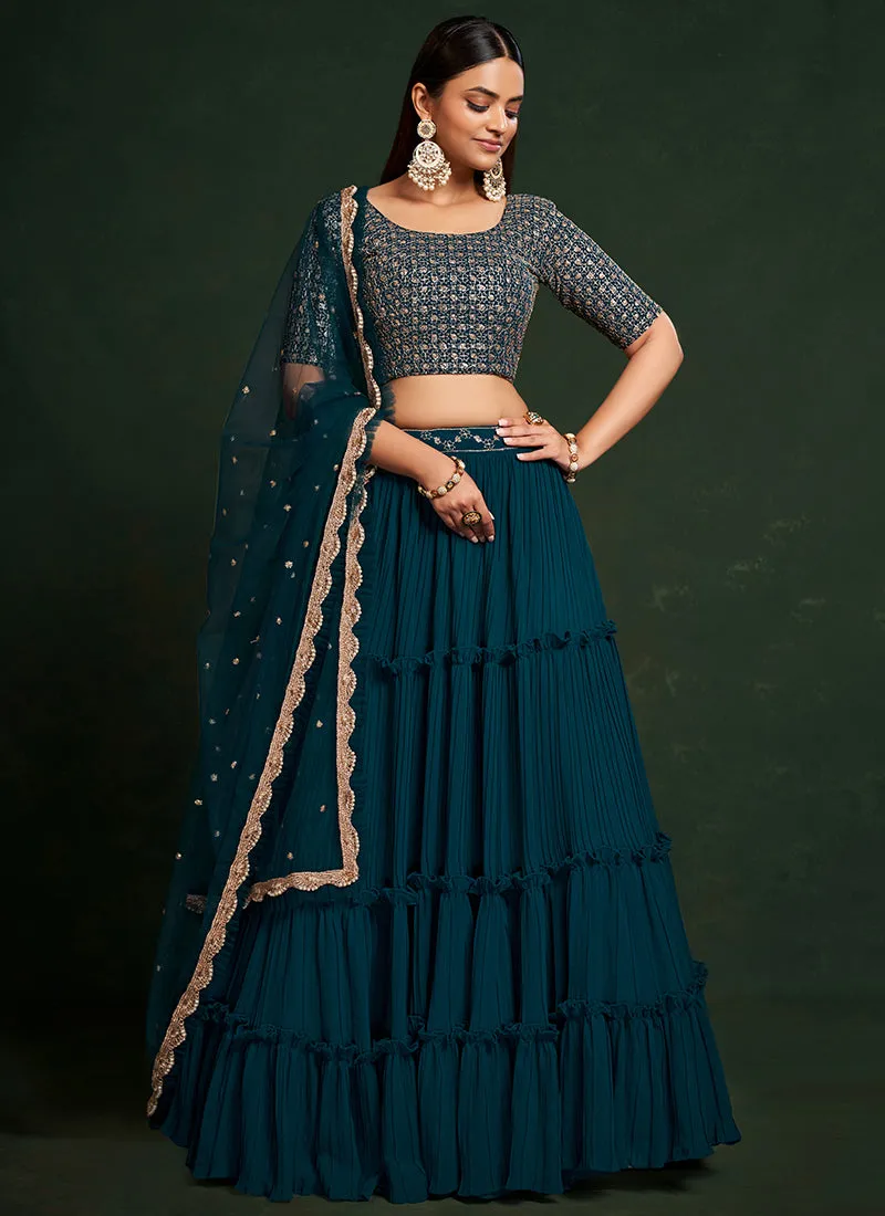 Turquoise Sequence Embroidered Festive Lehenga Choli
