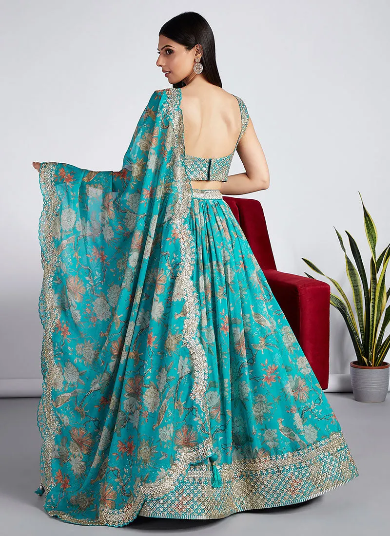 Turquoise Sequence Embroidery Printed Lehenga Choli And Dupatta