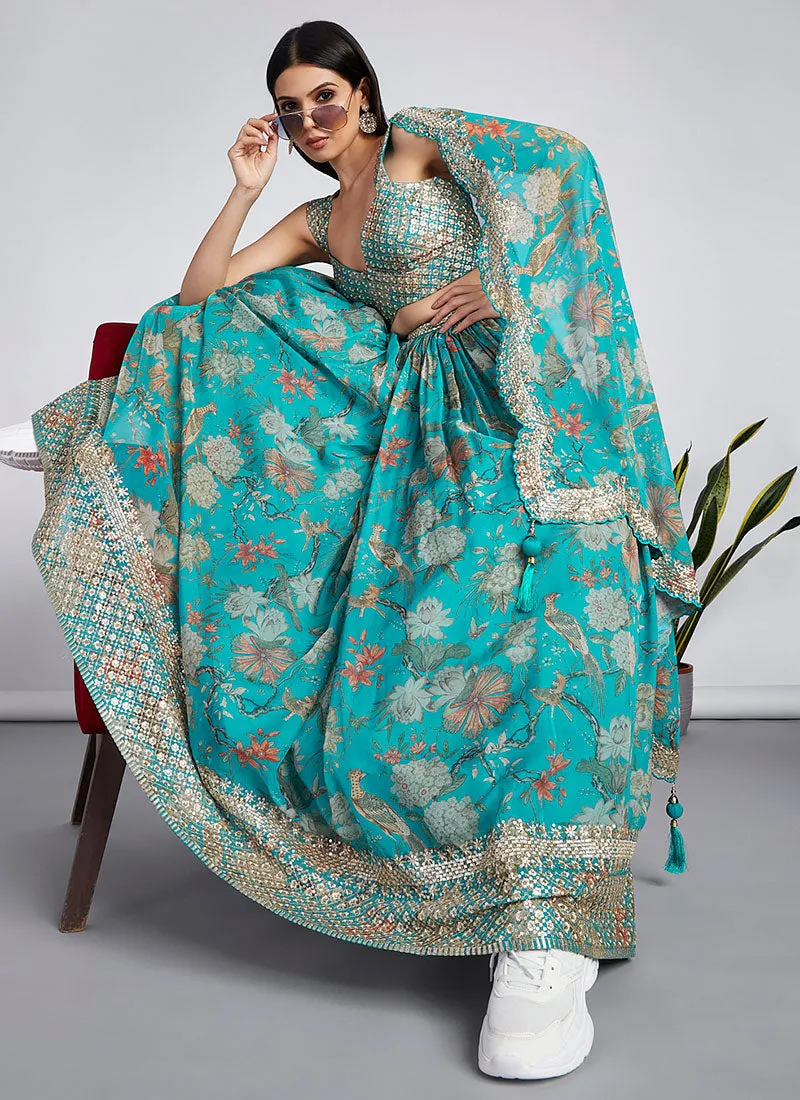 Turquoise Sequence Embroidery Printed Lehenga Choli And Dupatta