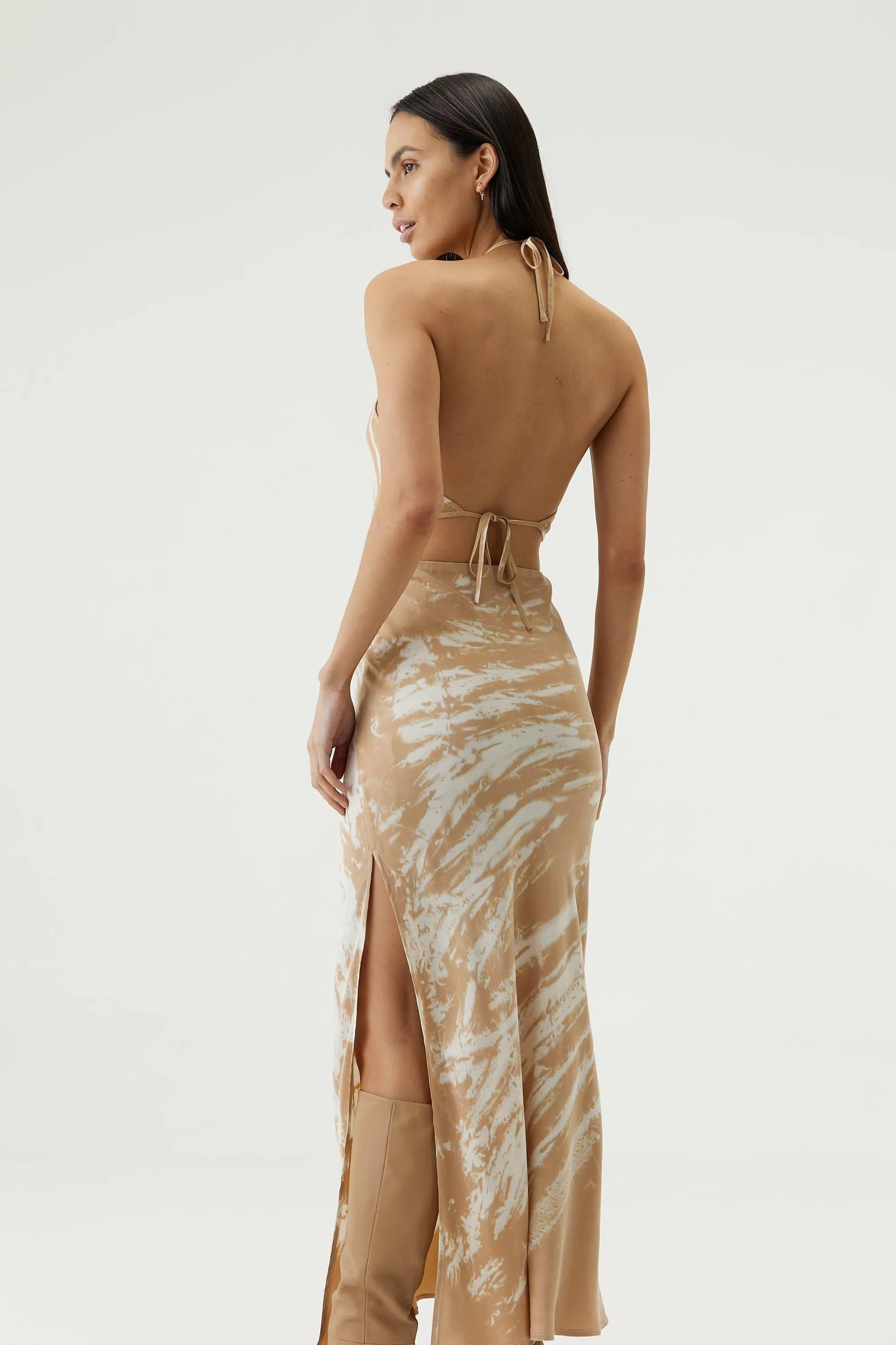 TWIST THROUGH BIAS MAXI SKIRT | TAN TIE DYE