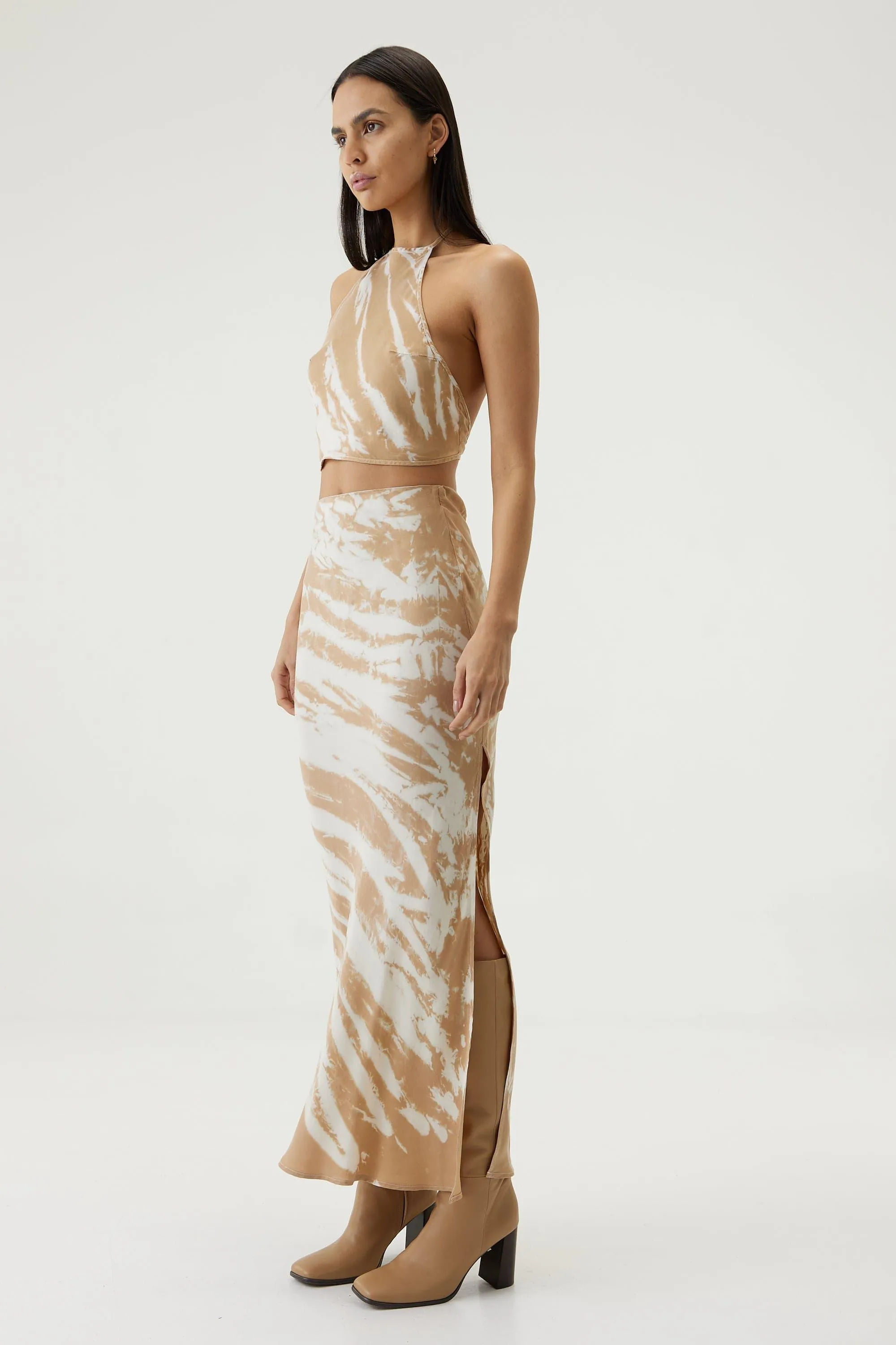 TWIST THROUGH BIAS MAXI SKIRT | TAN TIE DYE