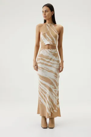 TWIST THROUGH BIAS MAXI SKIRT | TAN TIE DYE