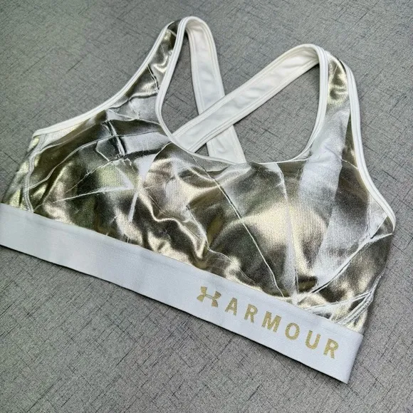 Under Armour Sports Bra Metallic Gold &amp; White Size Large