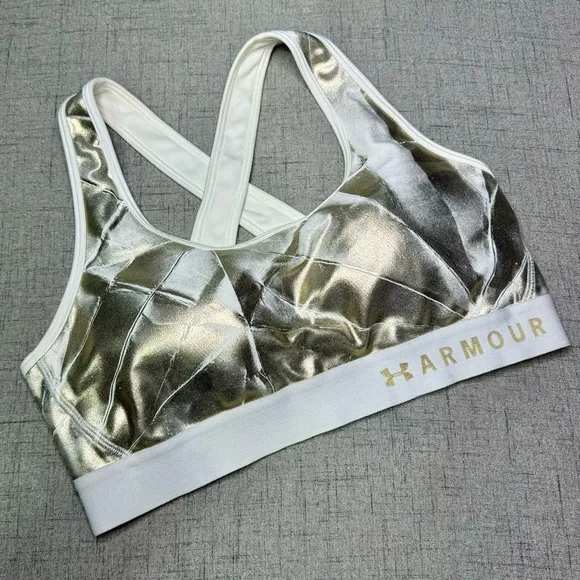 Under Armour Sports Bra Metallic Gold &amp; White Size Large