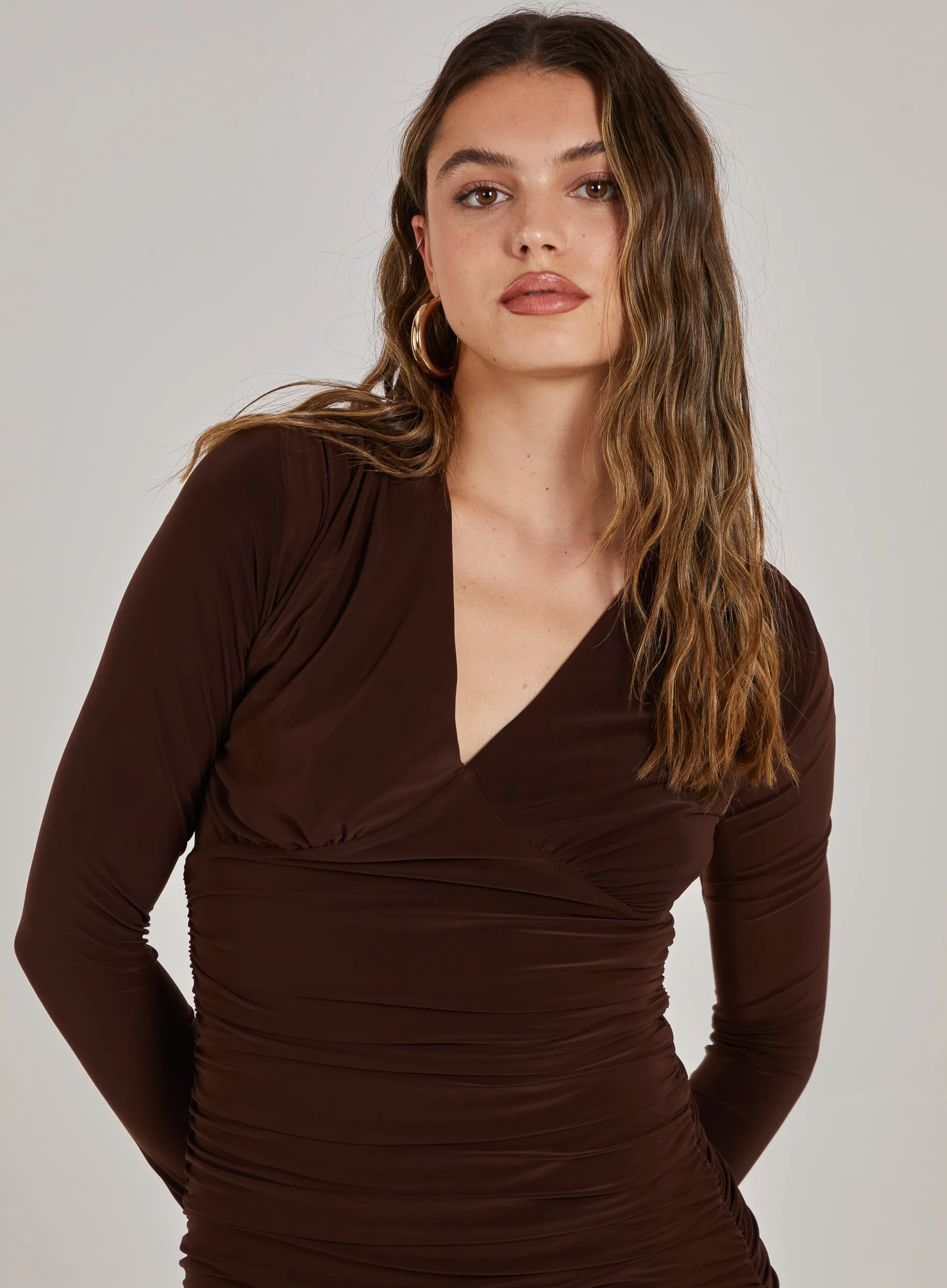 V Neck Slinky Long Sleeve Dress