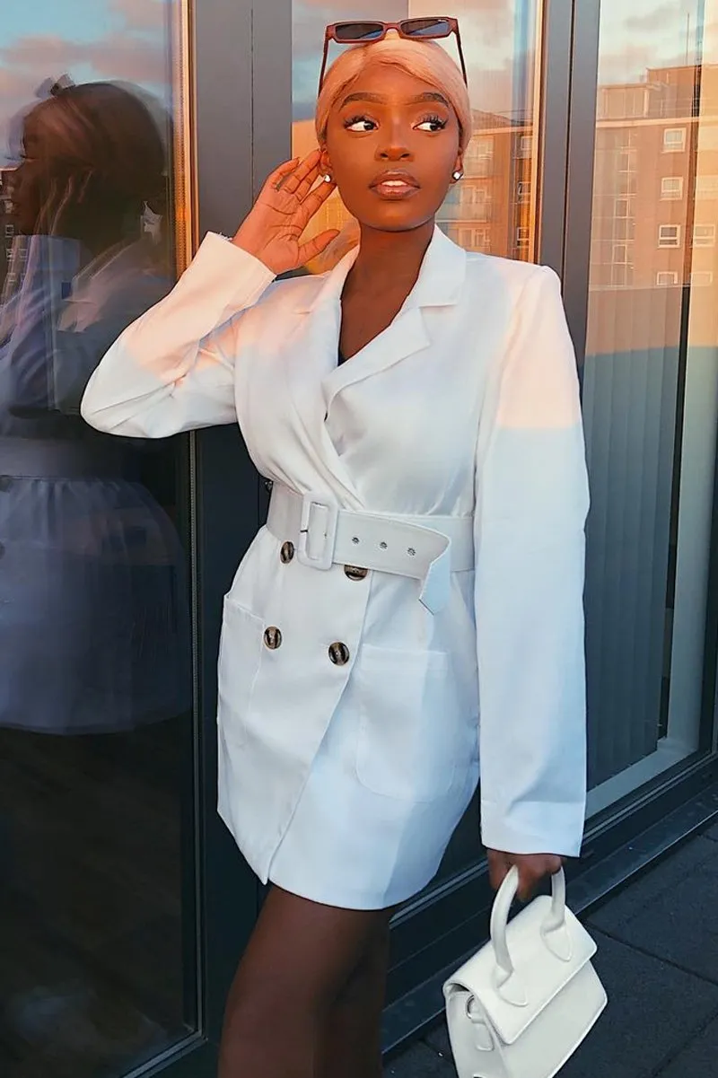 White Button Front Belted Blazer Dress - Justyne