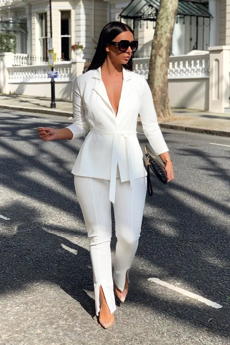 White Split Front Flared Trousers - Florie