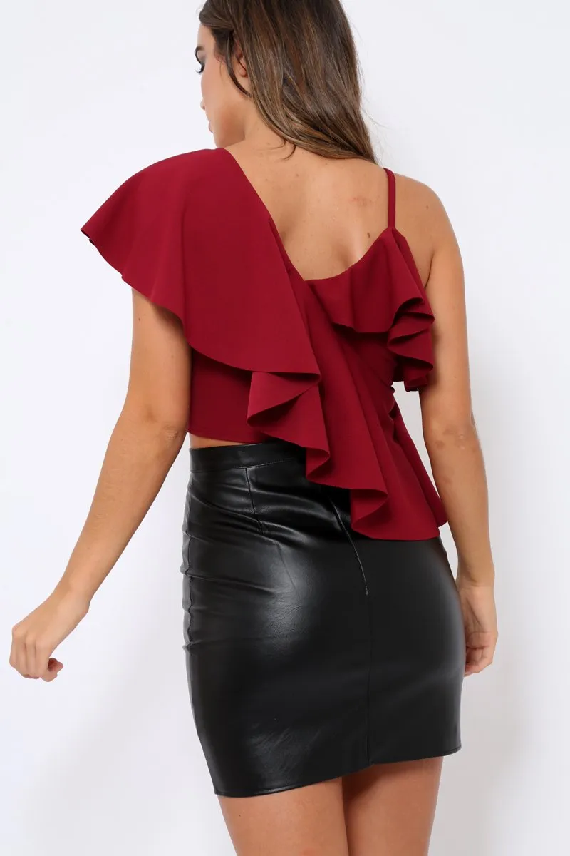 Wine One Shouldered Frill Top - Maysa