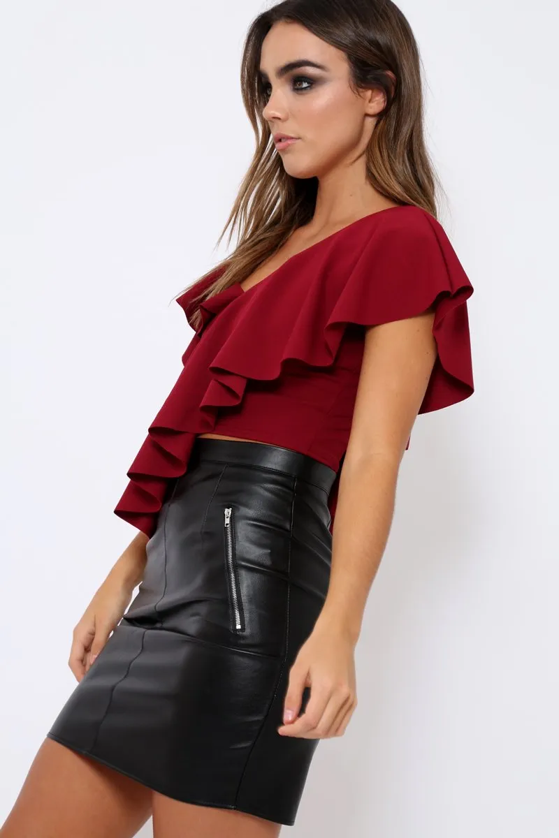 Wine One Shouldered Frill Top - Maysa