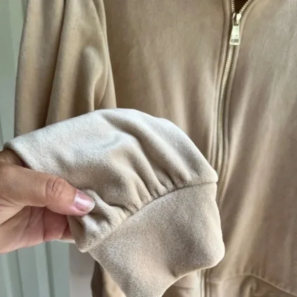 XL Magaschoni Hoodie Velvet Velour Teddy Zip Terry Jacket Taupe Beige Sweater
