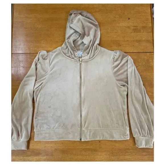 XL Magaschoni Hoodie Velvet Velour Teddy Zip Terry Jacket Taupe Beige Sweater
