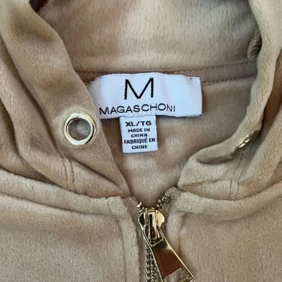 XL Magaschoni Hoodie Velvet Velour Teddy Zip Terry Jacket Taupe Beige Sweater