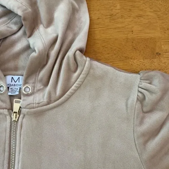 XL Magaschoni Hoodie Velvet Velour Teddy Zip Terry Jacket Taupe Beige Sweater