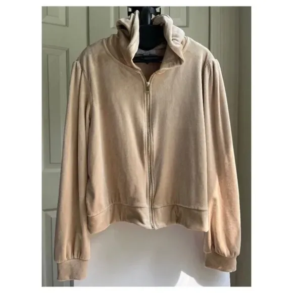 XL Magaschoni Hoodie Velvet Velour Teddy Zip Terry Jacket Taupe Beige Sweater