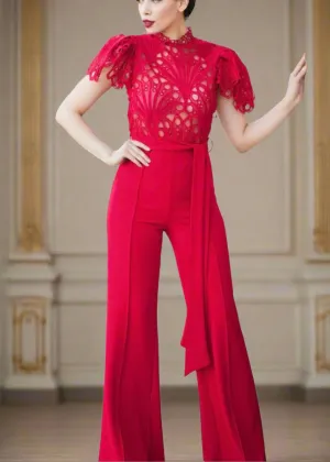 YANET RED LACE HIGH-NECK JUMPSUIT – ELEGANT WIDE-LEG ONE-PIECE FOR SPECIAL OCCASIONS
