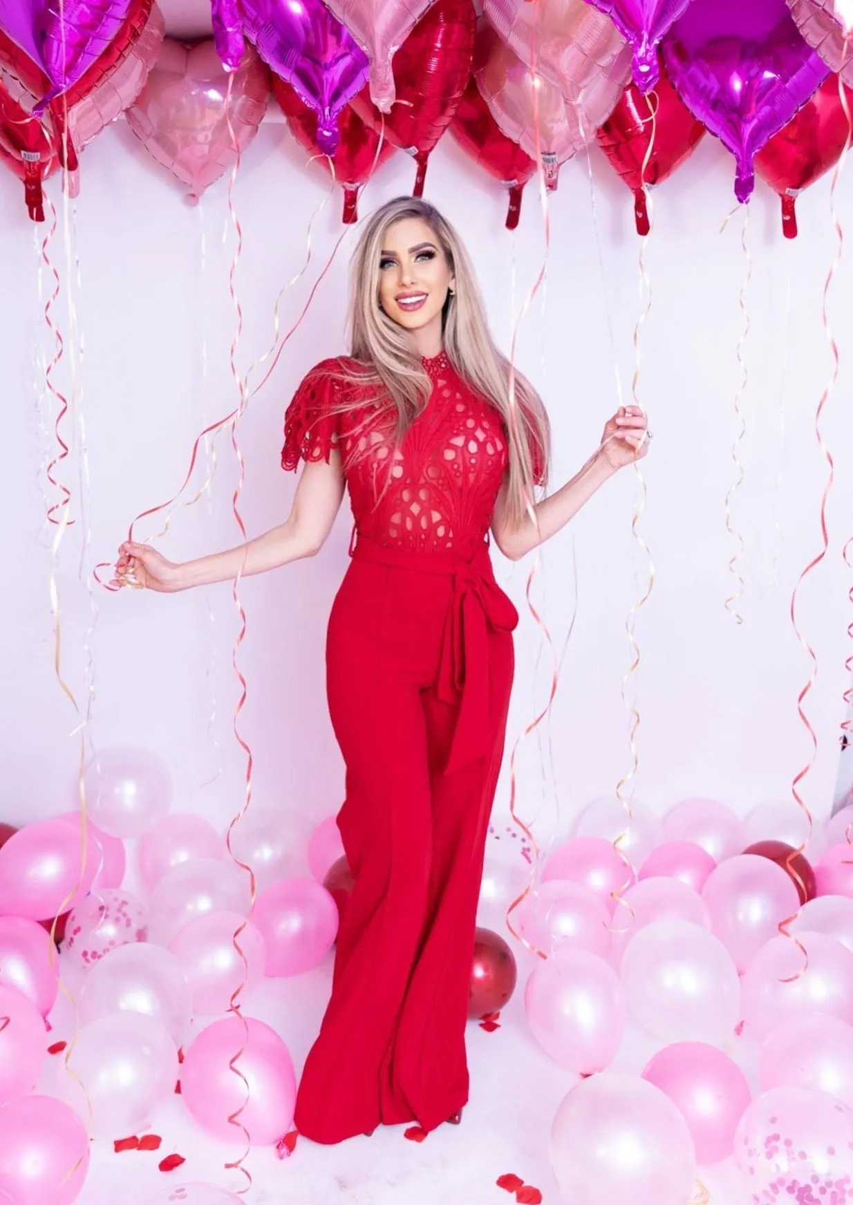 YANET RED LACE HIGH-NECK JUMPSUIT – ELEGANT WIDE-LEG ONE-PIECE FOR SPECIAL OCCASIONS