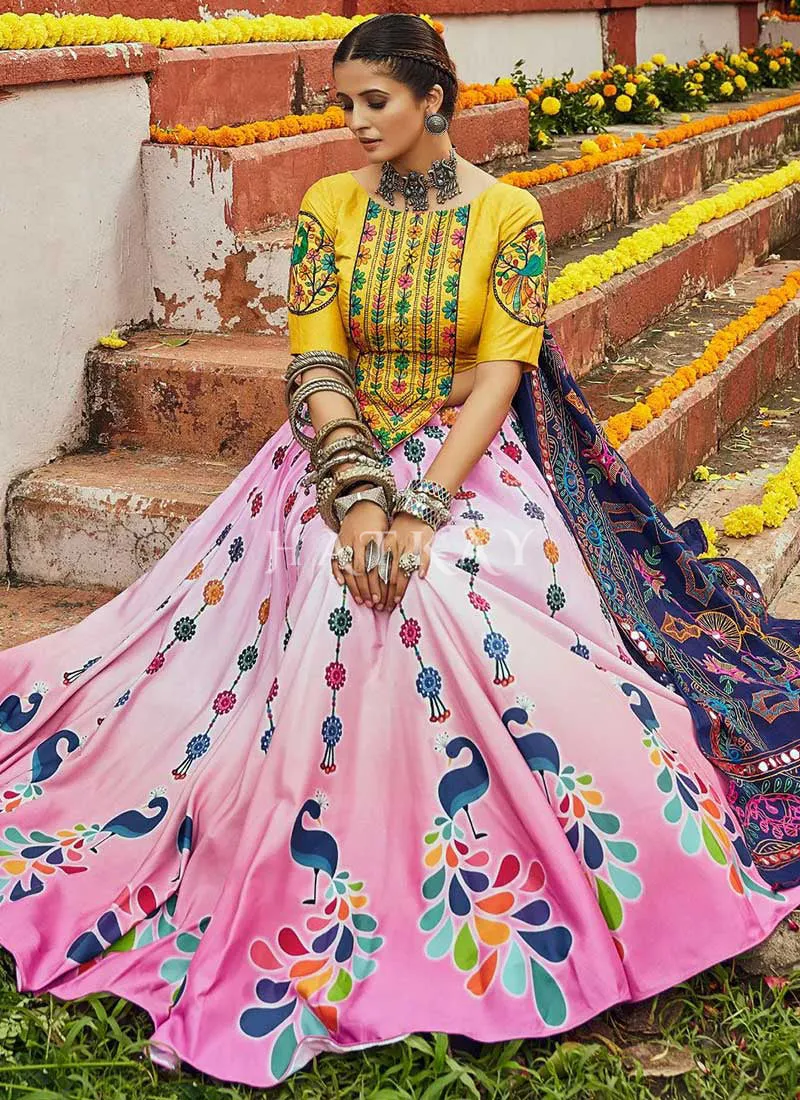 Yellow And Pink Multicoloured Kutchi Embroidered Chaniya Choli