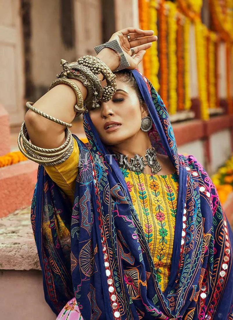 Yellow And Pink Multicoloured Kutchi Embroidered Chaniya Choli