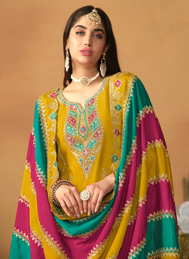 Yellow Multi Embroidery Traditional Pant Style Suit